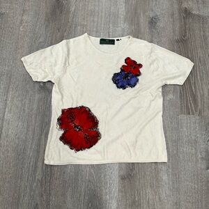 Cream T-Shirt with Red and Purple Floral Accents